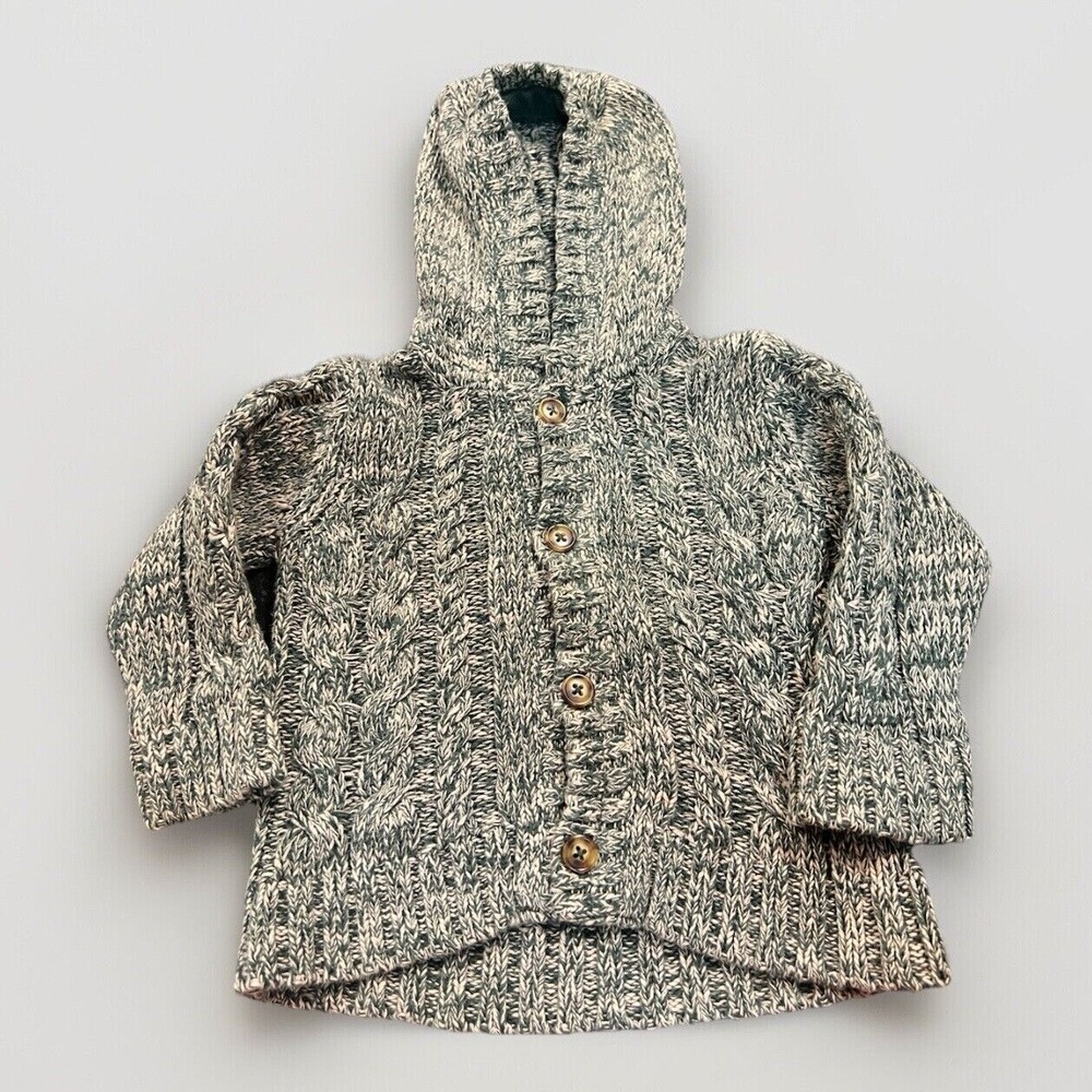 Baby Gap Green & Cream Cable Knit Hooded‎ Button Up Sweater Size 6-12 Months